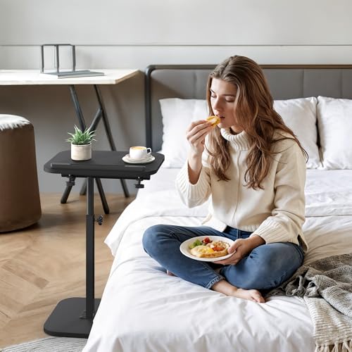 TV Tray Table, Sofa Side Armrest Tray, C Shaped End Table | Adjustable Height, Flip-Top, Snack Side Table with 360° Swivel and 180° Tilt, for Couch, Small Spaces, Bed, Chair, Black - color: Black