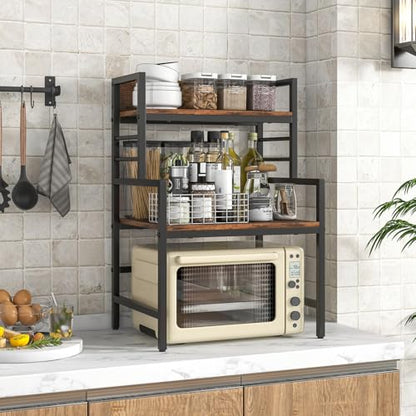 GOFLAME Microwave Stand Countertop, 3-Tier Microwave Oven Rack with Storage, Heavy-Duty Metal Frame, Multifunctional Tabletop Organizer Shelf for Kitchen, Home Office, 110lbs Capacity, Industrial