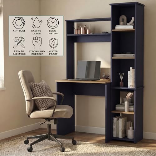 Tuhome Versalles Writing Desk with Hutch & Side Bookcase, Tall 63.9" Vertical Computer Desk, 5 Open Shelves Home Office Desk, Space-Saving Small Desk, Engineered Wood - color: Natural Oak, Blue