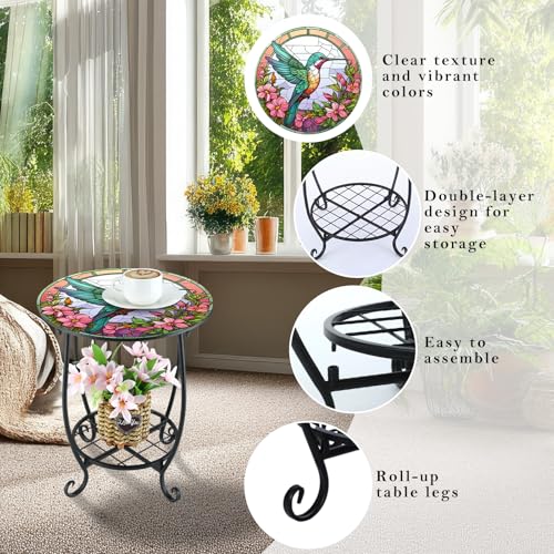 Cinnvoice Outdoor Side Table Round Small Mosaic Patio Accent Indoor End Plant Coffee Tea Table for Yard Patio Porch Garden Living Room, Bedroom(Hummingbird Style,12 Inch) - size: 12 Inch, style: Hummingbird Style