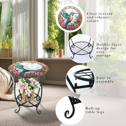 Cinnvoice Outdoor Side Table Round Small Mosaic Patio Accent Indoor End Plant Coffee Tea Table for Yard Patio Porch Garden Living Room, Bedroom(Hummingbird Style,12 Inch) - size: 12 Inch, style: Hummingbird Style