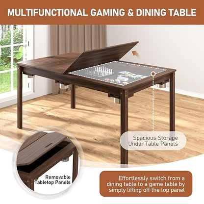 Yardenaler Solid Wood Board Game Table, Gaming & Dining Table with 58” x 33” Big Gaming Space and Removable Top, Seats 4 to 6 Players, Includes Leatherette Play Mat, 6 Cup Holders & Flush Pull Design - size: 63"L x 38.2"W x 30.4"H