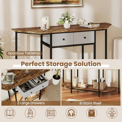 GOFLAME Entryway Table with 2 Fabric Drawers, 51“ Narrow Sofa Table with Open Storage Shelf, Heavy-Duty Frame, Industrial Half Moon Console Table for Living Room, Hallway, Rustic Brown