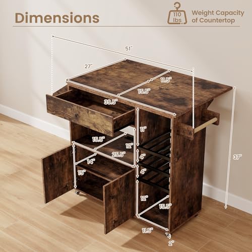 Giantex Rolling Kitchen Island Cart with Drop Leaf, Power Outlet, Spice Rack, 12 Wine Rack, Glass Holder, Drawer, Storage Cabinet, Towel Rack, Island Table for Breakfast Coffee Bar (Rustic Brown) - color: Rustic Brown