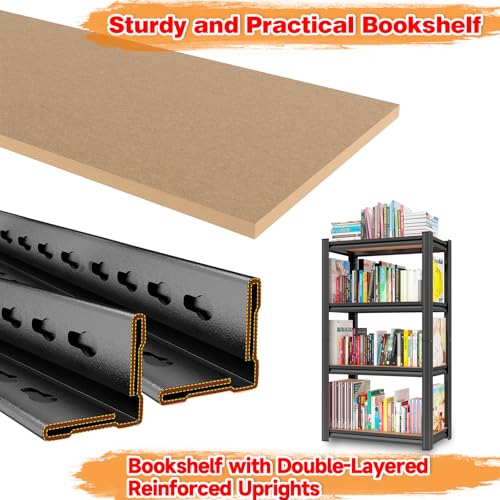 24"W Steel and Wood Book Shelf, 4 Tier Metal Bookcase, 1200LBS Display Shelving, Adjustable Utility Shelf Organizere, Standing Storage Shelves for Study, Bedroom, Living Room and Home Office, Black - size: 24"W x 12"D x 46"H