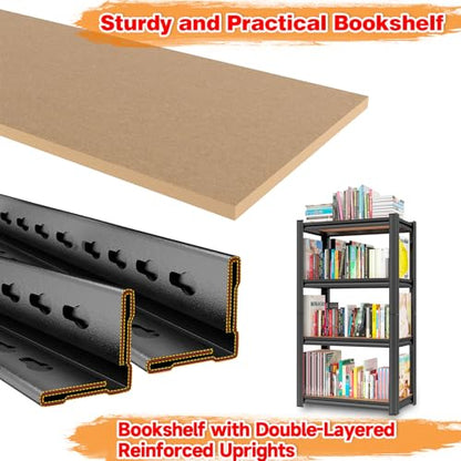 24"W Steel and Wood Book Shelf, 4 Tier Metal Bookcase, 1200LBS Display Shelving, Adjustable Utility Shelf Organizere, Standing Storage Shelves for Study, Bedroom, Living Room and Home Office, Black - size: 24"W x 12"D x 46"H