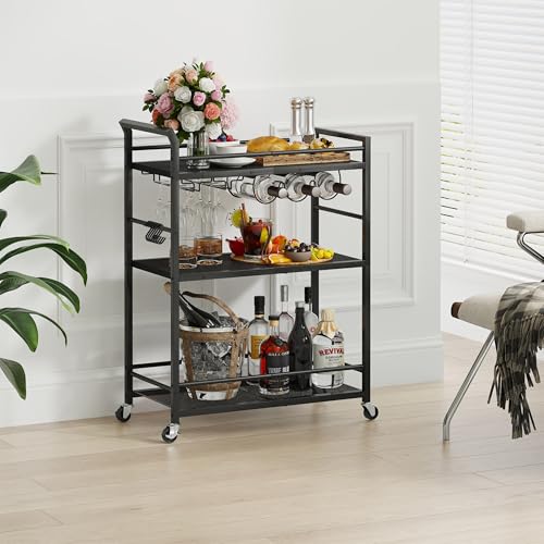 3 Tier Bar Cart, Small Beverage Cart, Mini Bar Cart with Wine Rack, Home Bar Serving Cart with Wheels for Kitchen Dining Living Room (Black, General) GBC507B - color: Black, size: General