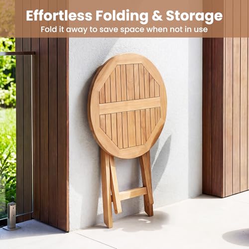 Tangkula 24-Inch Teak Wood Folding Outdoor Table, Round Patio Table with Sturdy X-Frame, Space Saving Outside Bistro Table for Deck, Porch, Poolside, Balcony & Garden - size: 24"