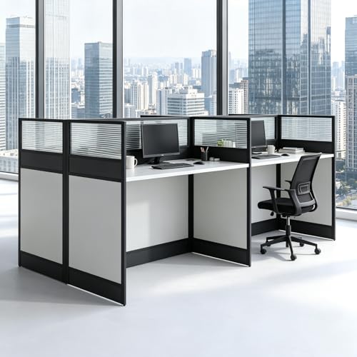 4 Person Standing Office Desk with Built-In Outlet,94.5 Inch Cubicle Desk Workstation with Privacy Panel & Wire Grommet,Large Gaming Study Writing Table for Home/Office (White+Black, 94.5 Inch) - color: White+black, size: 94.5 Inch