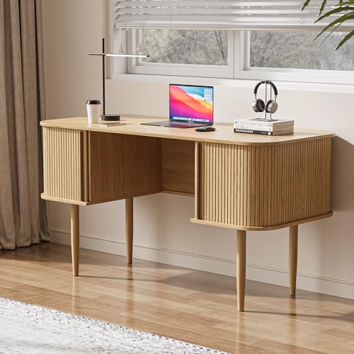 MAISONARIA 55" Modern Writing Desk with Storage, Wood Home Office Desk with Sliding Doors, Computer Desk for Home Office, Dorm, Living Room, Home Study Table, Natural - color: Natural