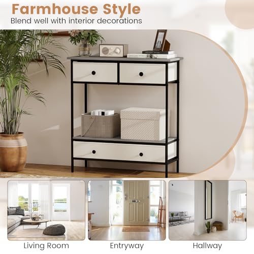 Giantex Console Table with 3 Fabric Drawers, 32" Farmhouse Entryway Table with Storage & Open Shelf, Rustic Narrow Sofa Table with Metal Frame for Living Room, Hallway, Entrance, Foyer