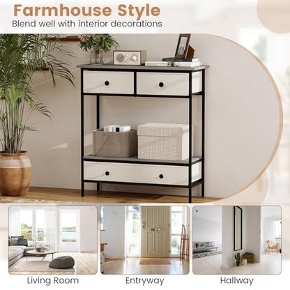 Giantex Console Table with 3 Fabric Drawers, 32" Farmhouse Entryway Table with Storage & Open Shelf, Rustic Narrow Sofa Table with Metal Frame for Living Room, Hallway, Entrance, Foyer