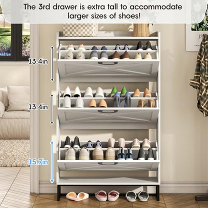 Maupvit Shoe Storage Cabinet with 3 Flip Drawers, Freestanding Organizer with Metal Legs for Entryway, Narrow Shoe Rack Cabinet, White - color: White, style: 3-Drawers