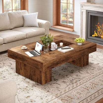 LVB Rustic Coffee Table, Large Wood Living Room Table with Storage, Modern Long Rectangle Led Center Table, Farmhouse Unique Low Wide Tea Table with LED Light for Home Office, 47.24 in, Rustic Brown - color: Rustic Brown