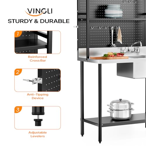 VINGLI 67'' 304 Stainless Steel Commercial Sink, Freestanding Utility Sink Table with Drainboard, Adjustable Shelves,Pegboard for Hanging Tools, Heavy Duty Prep Sink for Kitchen Garage Laundry Room