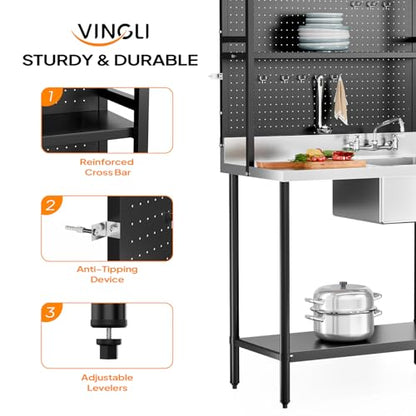 VINGLI 67'' 304 Stainless Steel Commercial Sink, Freestanding Utility Sink Table with Drainboard, Adjustable Shelves,Pegboard for Hanging Tools, Heavy Duty Prep Sink for Kitchen Garage Laundry Room
