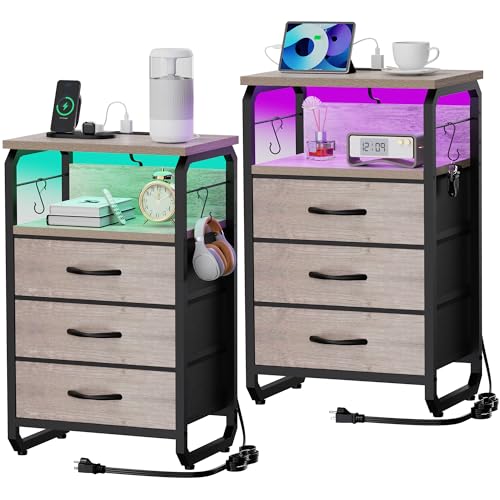 runjuly Night Stand Set 2 with LED Lights, Nightstands with Power Outlets and Type C Port, Large End Tables with 3 Fabric Drawers, Matching Bedside Table with Storage for Bedroom Teen Room, Greige - color: Greige, style: Larger+Taller Set of 2