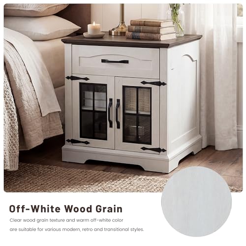 23.6" W Farmhouse End Table with Hidden Charging Station,Farmhouse Side Table with Drawer for Sofa Couch or Bedside, Rustic Nightstand with Storage for Living Room, Bedroom (Off White)