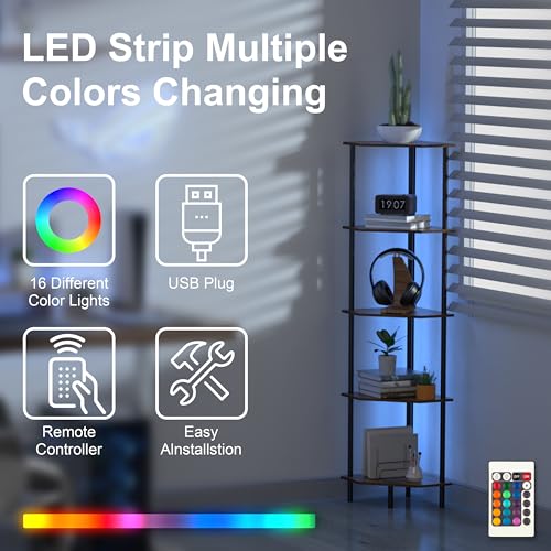 Corner Shelf Stand, Storage Standing Shelf Unit with Metal Frame, Narrow Bookshelf with LED Light Brown Plant Display Stand, Multi Unit Organizer Corner Cabinet for Bedroom, Living Room (5 Tier)