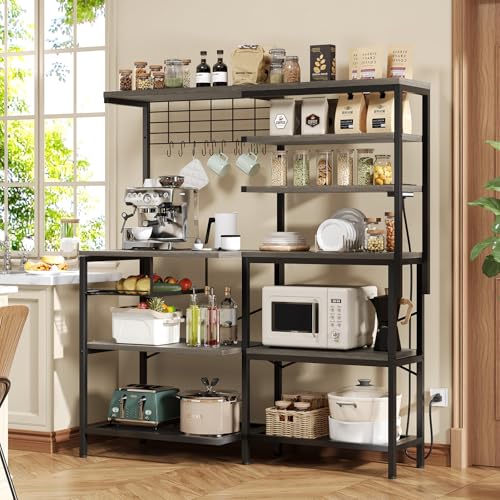L-Shaped Bakers Rack with Power Outlet, 6-Tier Microwave Stand with Storage | Coffee Bar, Kitchen Shelf with Wire Basket, Hooks, Grey - color: Grey