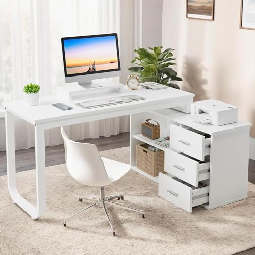 MaverickFurni 55" White L Shaped Desk with Drawers and Shelves | Reversible Corner Desk with Monitor Stand, Home Office Desk with Drawers for Work Writing Study - color: White