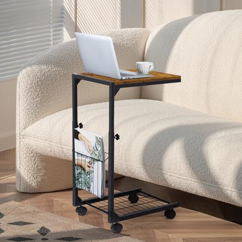 C Shaped Side Table Small End Table with Wheels Slide Under Couch Table for Sofa C Table with Metal Frame Adjustable Height Sofa Table for Living Room Bedroom Small Space, Rustic Brown - color: Rustic Brown