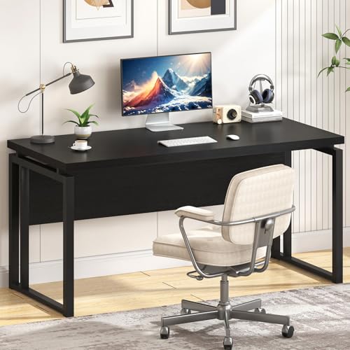 EXCEFUR Black Desk for Home Office, Modern Computer Desk, Wood and Metal Writing Study Table for Workstations, Living Room, Bedroom, 53 Inch - color: Black
