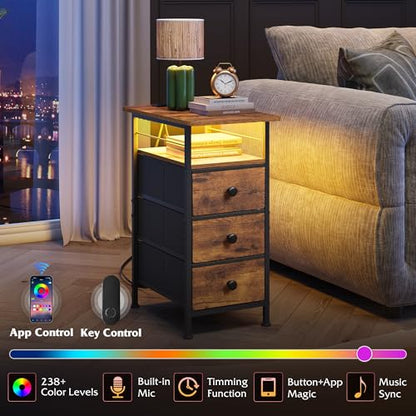 WLIVE Narrow Side Table with Charging Station, End Table with LED Lights,3 Fabric Drawers and Open Storage Shelf, Bed Side Tables Living Room, Small Spaces, Bedroom, Rustic Brown - color: Rustic Brown, size: 3 Drawers