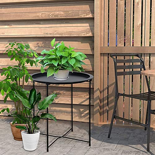 Garden 4 you End Table 2 PCS Metal Side Table Black Round Folding Tray Cyan Sofa Small Accent Fold-able Table, Round End Table Tray, Next to Sofa Table, Snack Table for Living Room and Bed Room - color: Black