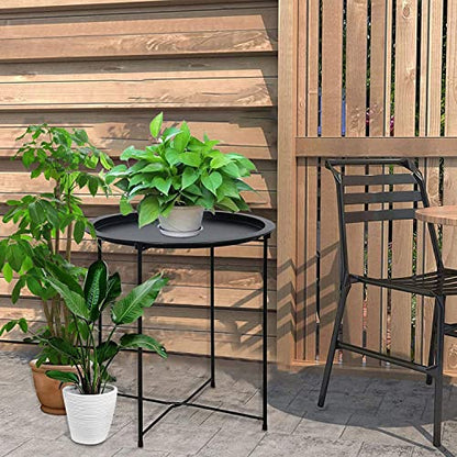 Garden 4 you End Table 2 PCS Metal Side Table Black Round Folding Tray Cyan Sofa Small Accent Fold-able Table, Round End Table Tray, Next to Sofa Table, Snack Table for Living Room and Bed Room - color: Black