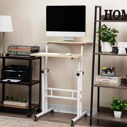 Mind Reader Standing Desk, Adjustable Height Laptop Workstation, Portable Rolling Desk on Wheels, Two-Tier Metal Frame, White - color: White