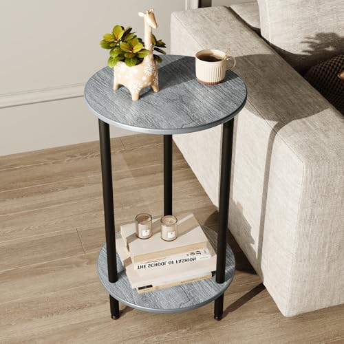 Small Round Side Table, Grey Round End Table with Storage, 2-Tier Modern Accent/Bedside Table for Living Room, Bedroom-Grey - color: Grey, size: 1PC