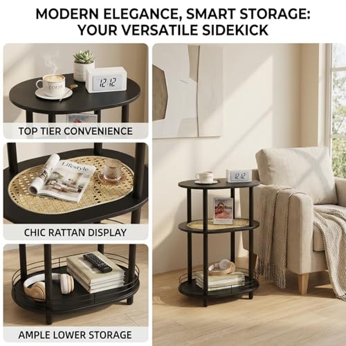 Small Rattan Side/Accent Table with Storage, 3 Tier Round/Oval End Table with Rattan Shelf & Metal Basket, Boho Nightstand, Tool Free Assembly/Screw-Hole Free Tabletop-Living Room Bedroom-Black - color: Black-rattan, size: 1PC