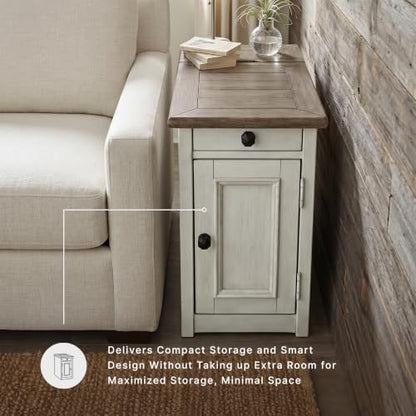 Signature Design by Ashley Bolanburg Farmhouse Chair Side End Table, 2 USB Ports, Pull-out Tray, Wood, 14" W x 24.25" D x 23" H, Antique Cream & Brown - color: Whitewash