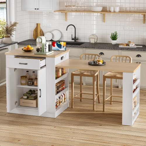 Bellemave Kitchen Island with Extendable Dining Table, 80.7" Kitchen Storage Islands with Double-Door Cabinet, Power Outlet, 2 Drawers & 2 Open Shelves, Temporary Breakfast Bar (White/80.7") - size: 80.7 Inch, style: White 2 Cabinet