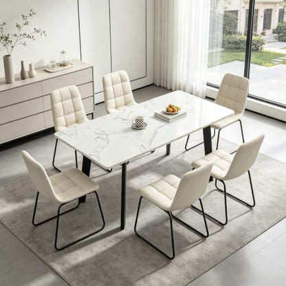 47.2"-63" Expandable Dining Room Table Set for 4-8 People, White | Removable Extension Leaf, Durable MDF Rectangle Tabletop, 6 Beige Sleek Faux Leather Chairs, Heavy Duty Modern Kitchen Table - color: 47.2'' - 63'' White Table+6 U Beige Chairs