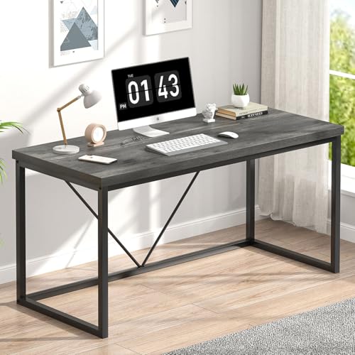 EXCEFUR Modern Home Office Desk, Wood and Metal Computer Desk, Industrial Writing Study Gaming Table for Living Room Bedroom, Rustic Grey, 53 inch - color: Grey, size: 53 inch
