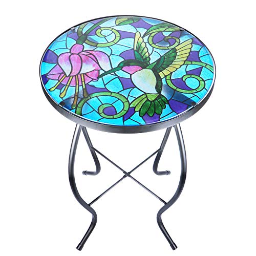 VCUTEKA Mosaic Patio Side Table Outdoor Accent Table Bistro Coffee Table Plant End Table Small Porch Table Indoor Round Glass Balcony Hummingbird Plant Table Stands - color: Hummingbird