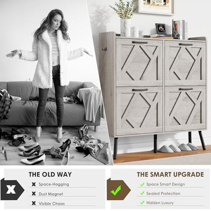 Shoe Cabinet with 4 Flip Drawers, Freestanding Shoe Organizer Cabinet, Farmhouse Narrow Shoe Storage Cabinet for Entryway, Foyer, Hallway - color: Light Grey