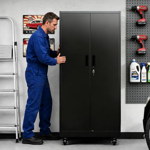 71'' Metal Garage Storage Cabinet with Wheels & Hanging Rod,Black Lockable Tool Cabinets with Pegboard & Adjustable Shelves,Heavy Duty Steel Tall Cabinets for Garage Warehouse Basement Broom - color: Black, style: 71"H 2 doors with Rod & wheels