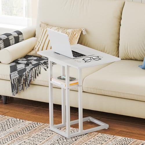 HOOBRO Foldable C Shaped End Table, C Shaped Side Table with Storage Shelf, Small Snack Table, Slide Under Couch Table for Sofa, Living Room Bedroom Small Spaces Easy Assembly, White WW29SF01 - color: White