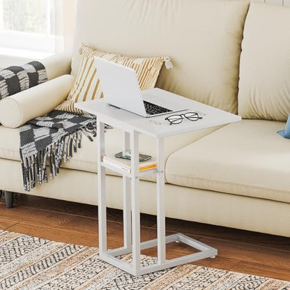 HOOBRO Foldable C Shaped End Table, C Shaped Side Table with Storage Shelf, Small Snack Table, Slide Under Couch Table for Sofa, Living Room Bedroom Small Spaces Easy Assembly, White WW29SF01 - color: White