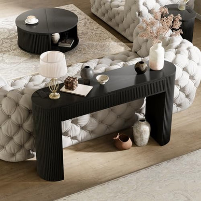 55" Fluted Console Table with 2 Drawers & LED Lights,Entryway Tables with Charging Station,Narrow Sofa Table Behind Couch,Mid-Century Modern Foyer Table for Entryway, Hallway, Living Room(Black) - color: Black