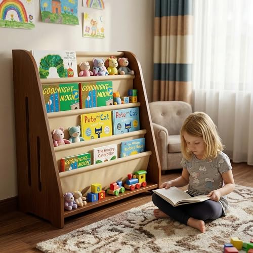 Perugina Wood Kids Bookshelf 5Tier(WalnutPattern) | DutchDesign Montessori Nursery Toddler Baby Book Shelf kidsroom - color: Redwalnutwood Grainpattern