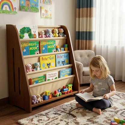 Perugina Wood Kids Bookshelf 5Tier(WalnutPattern) | DutchDesign Montessori Nursery Toddler Baby Book Shelf kidsroom - color: Redwalnutwood Grainpattern