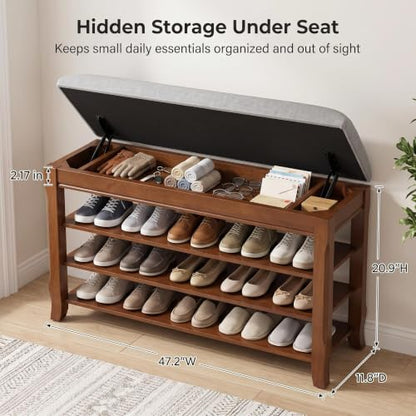 Solid Wood Shoe Bench, 47.2'' Shoe Rack for Entryway Storage | 550 lbs Max Load, Flip-Top Soft-Close Lid, Adjustable Shelves, Cushioned Entryway Shoe Rack Organizer, Tool-free Assembly - size: 47.2''