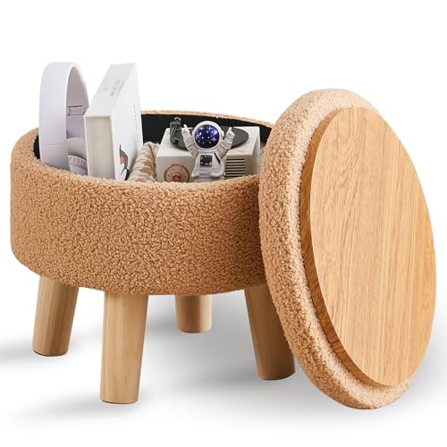 Wimarsbon Storage Ottoman, Modern Round Footrest with Soft Padded Seat, Teddy Velvet Footstool with Wood Legs, Accent Small Table or Plant Stand for Hallway, Living Room (Champagne) - color: Champagne