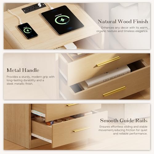 20” Wide Modern Nightstand with Charging Station,2 Drawer End Table with Pull-Out Shelf,Curved Profile Design,Wood Side Table for Bedroom
