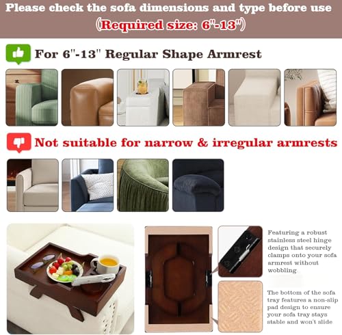 GHKINMAL Couch Cup Holder Tray, 15.4"x9.9" Large 4 in 1 Couch Armrest Table with 360°Rotated Phone Holder, Non-Slip Clip on Side Table for Drinks/Remote/Snacks, Ideal Gift for Husband, Wife, Parents - color: Walnut