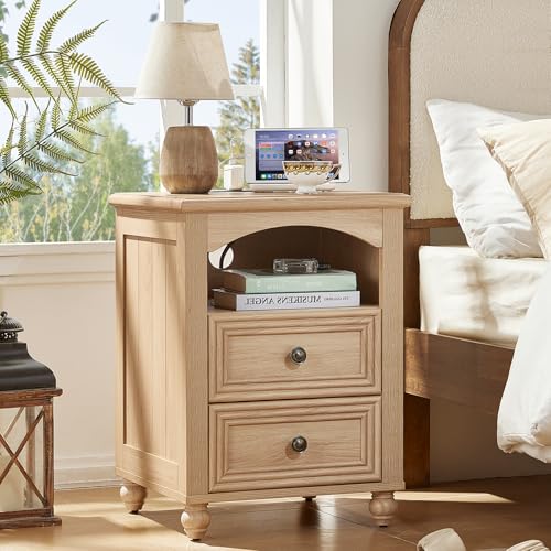RWYHG 18" Night Stand with Charger Station, Nightstand with 2 Drawers | Farmhouse Modern Bedside Table, Open Storage Shelf, Solid Wood Legs, Natural Bed Side End Tables for Bedroom Living Room - color: Natural, size: 18"D x 18"W x 24"H (2 Drawers)